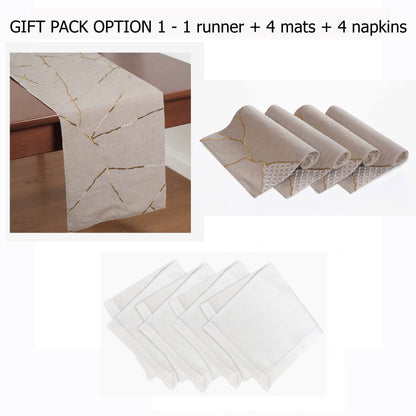 KINTSUGI Table Linen GIFT PACK - Linen and Cotton with Gold Zari and White Silk Embroidery