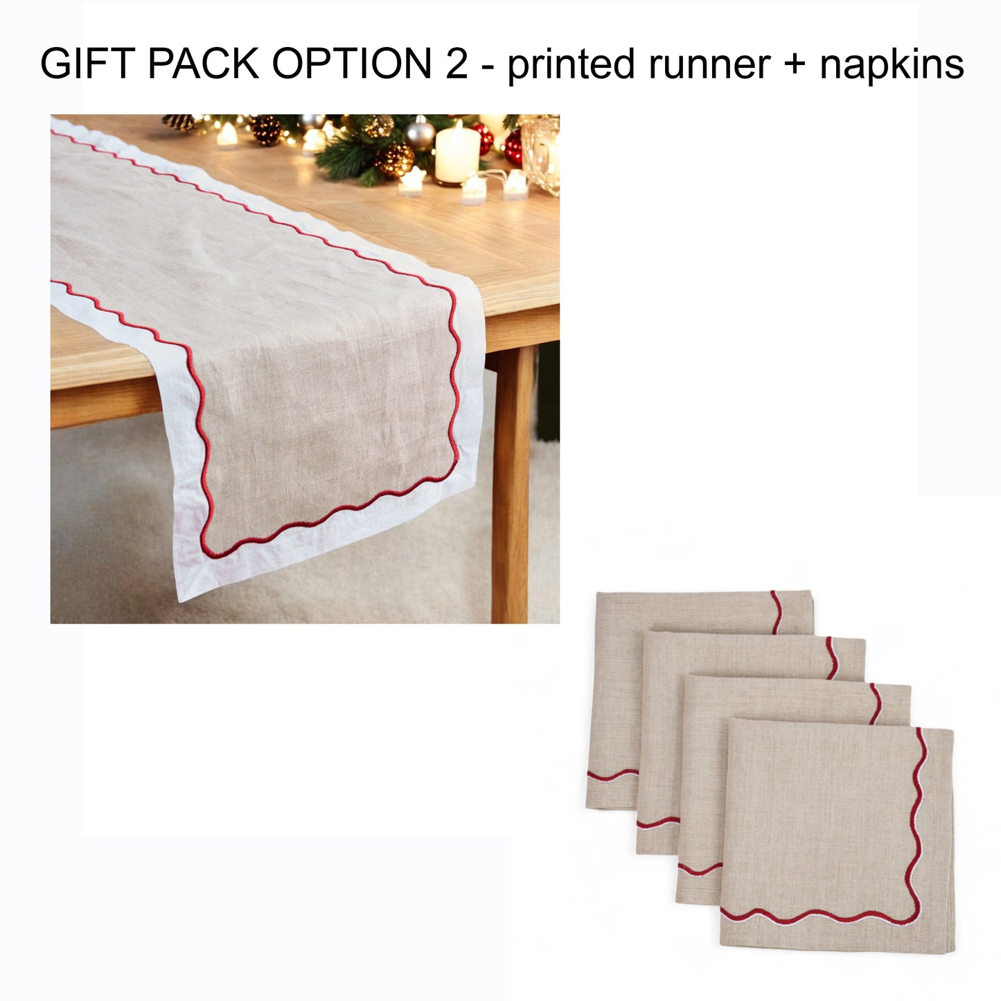 Christmas Table Linen GIFT PACK - in linen and cotton with wave scallop embroidery