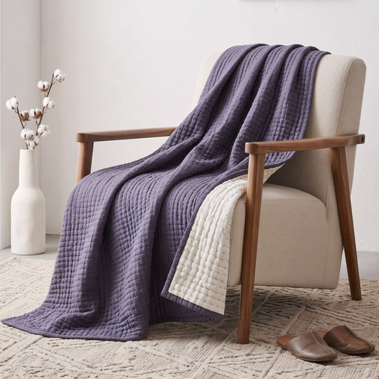 Lavender Hand Quilted Cotton Throw Blanket | Classic Stripe Quilting | 50×60 Inches