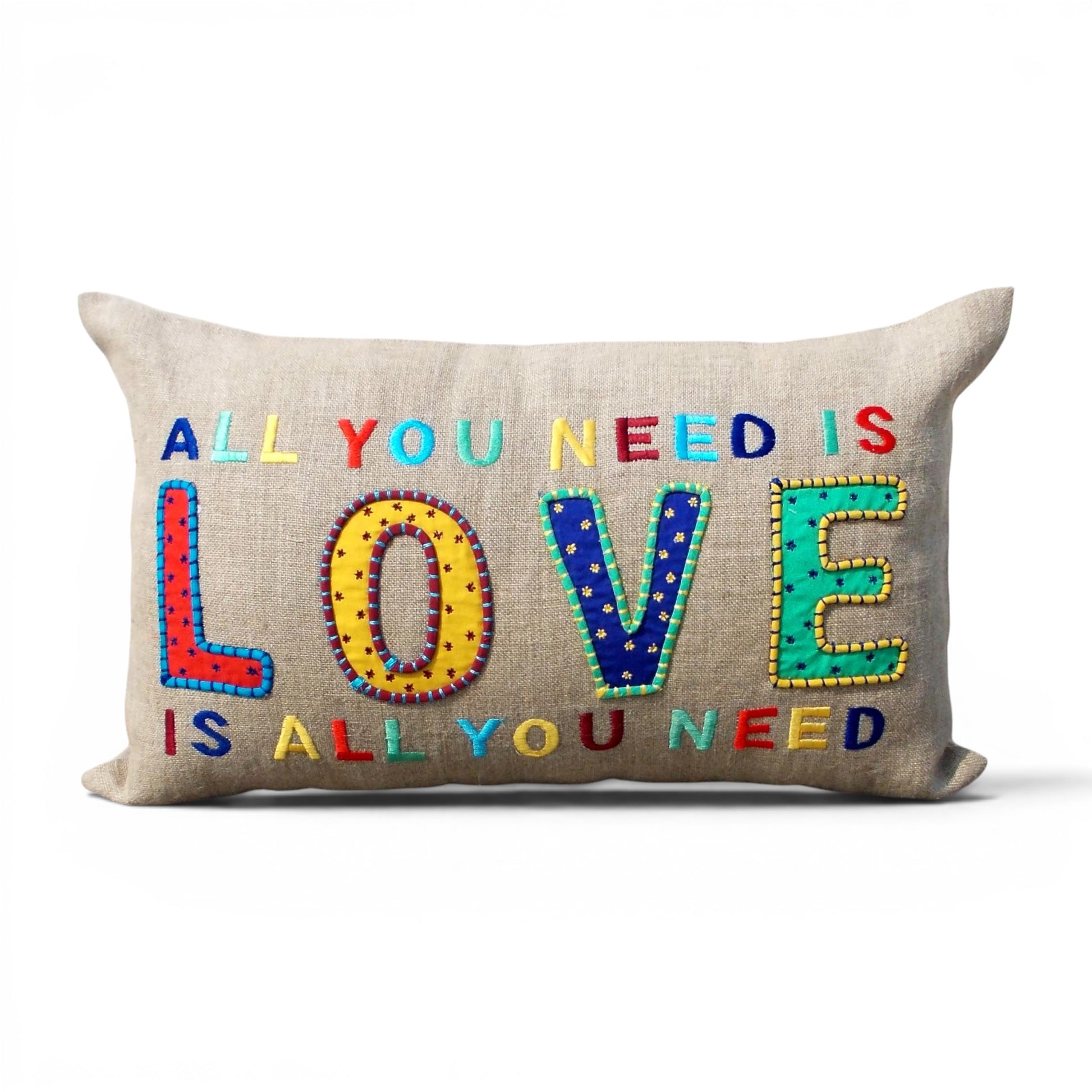 Pillow Talk LOVE Linen Cushion Cover – Rajasthani Applique & Embroidery | Boho Decor - Vliving