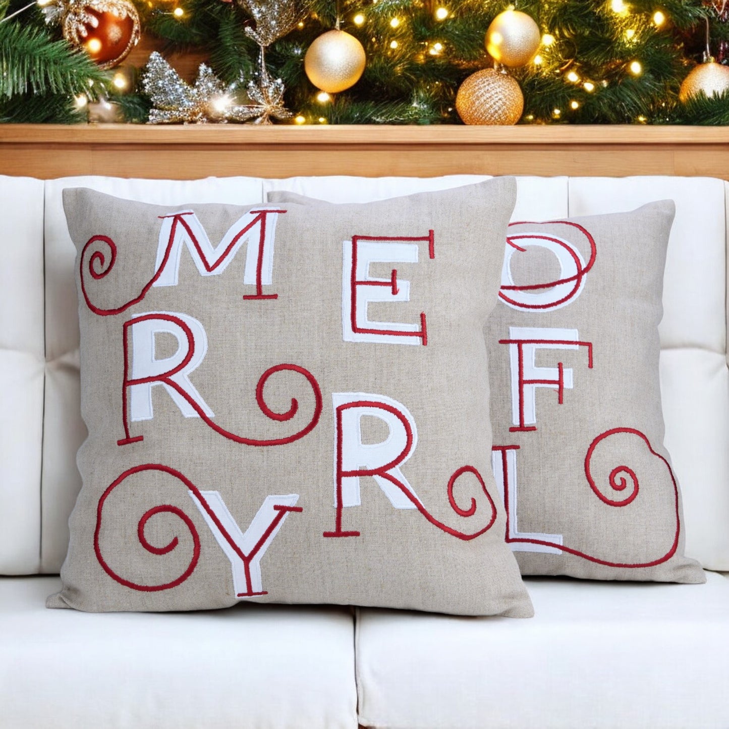 MERRY Christmas pillow cover, embroidered in modern retro style in red and white colour