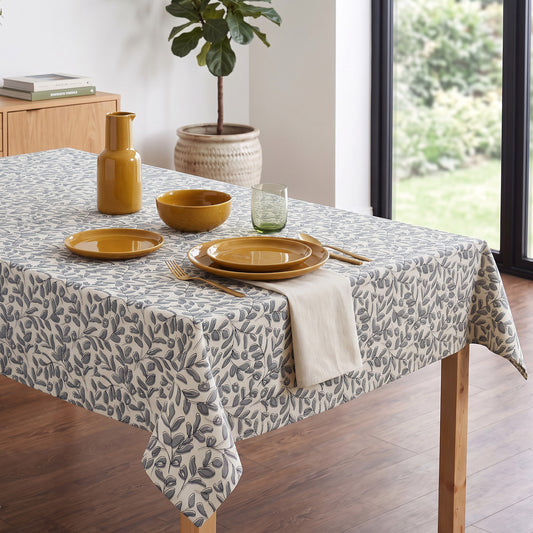 Modern Retro Grey Leaf Print Cotton Tablecloth | Round, Square & Rectangular | Multiple Sizes