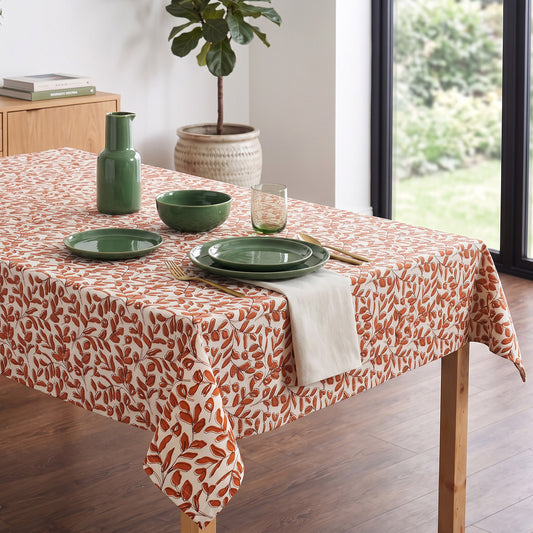 Modern Retro Terracotta Leaf Print Cotton Tablecloth | Round, Square & Rectangular | Multiple Sizes