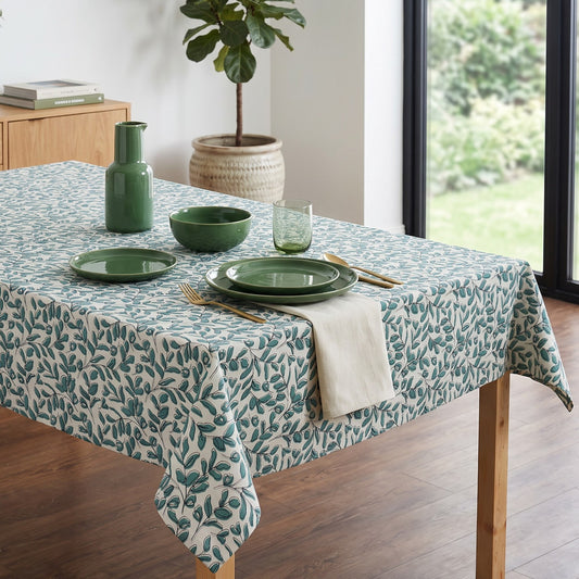 Modern Retro Aqua Green Leaf Print Cotton Tablecloth | Round, Square & Rectangular | Multiple Sizes
