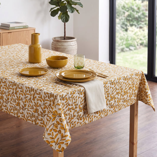 Modern Retro Mustard Yellow Leaf Print Cotton Tablecloth | Round, Square & Rectangular | Multiple Sizes