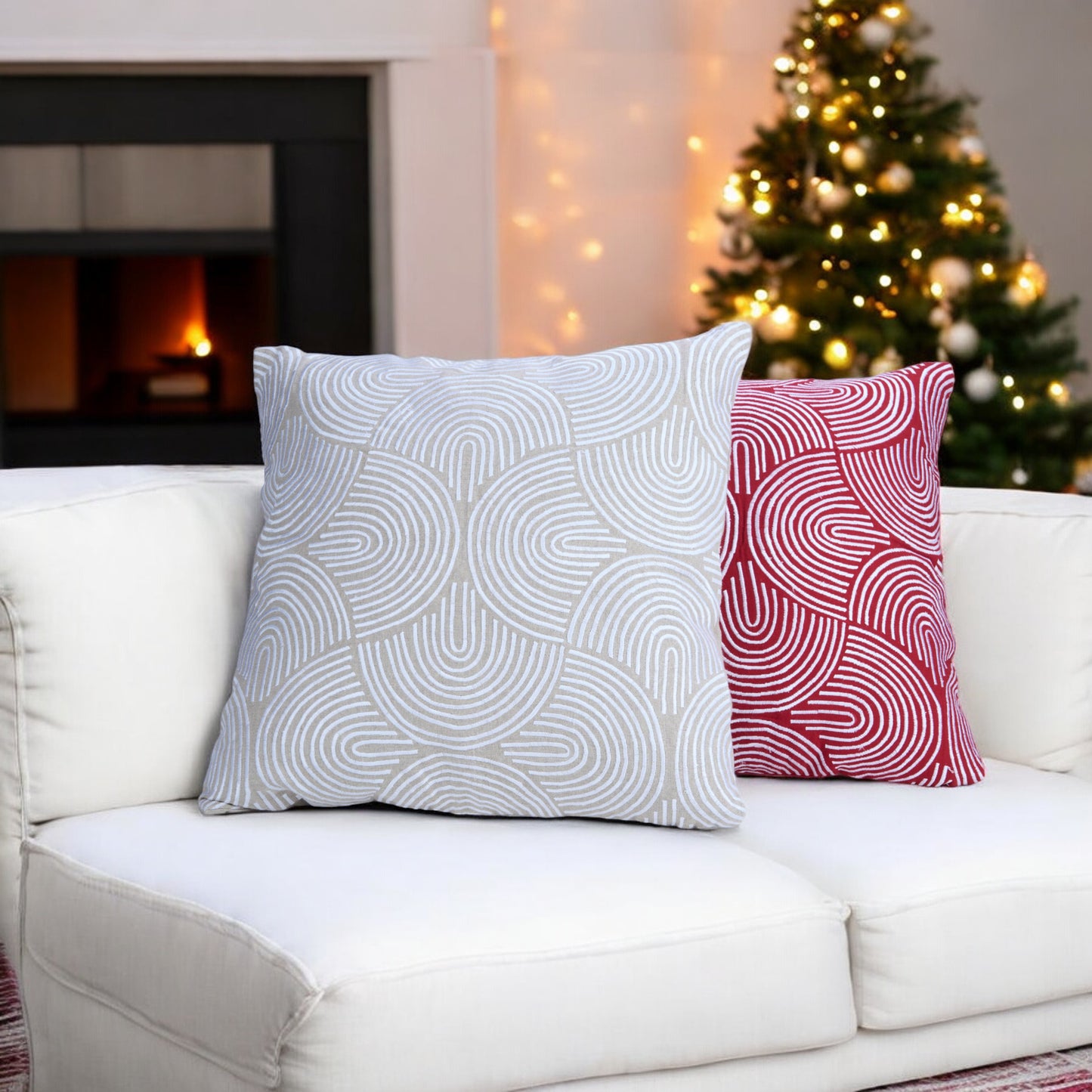 Christmas Linen pillow cover, modern retro pattern embroidered in white, sizes available