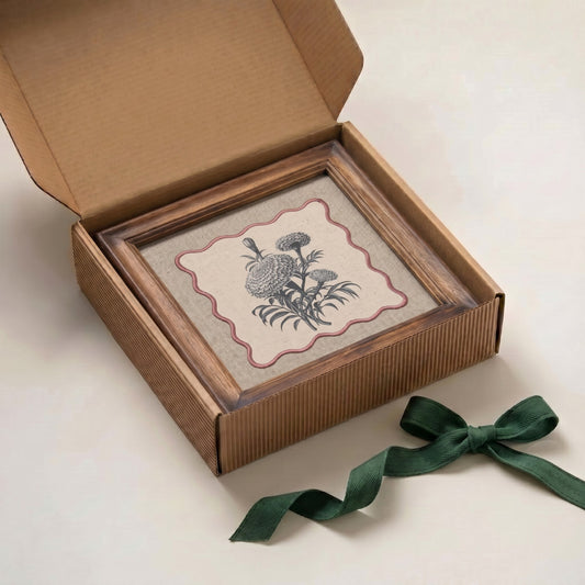 Marigold Botanical Wall Art – Framed Gift | Embroidered Linen, 12×12 inches