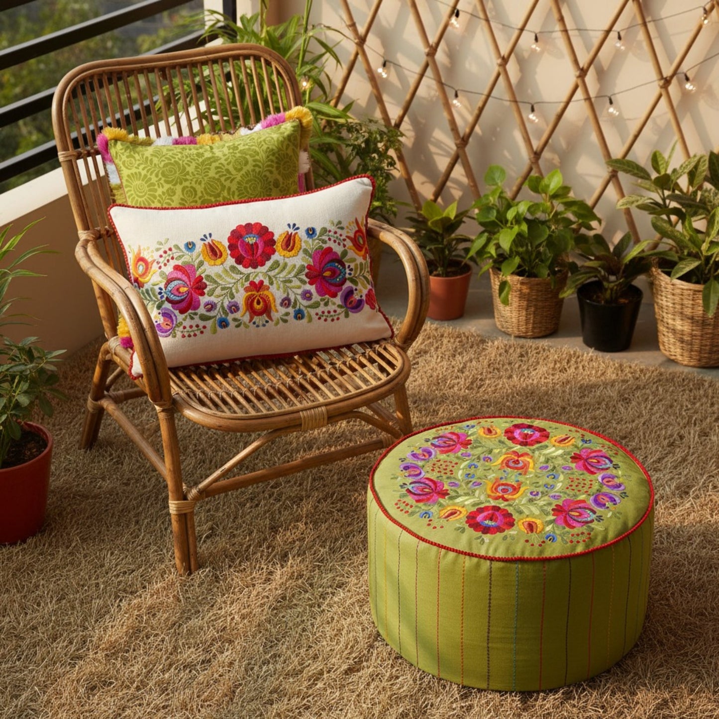Matyo - Embroidered boho pouf cover, Green with multicolour rose embroidery ottoman cover - Vliving
