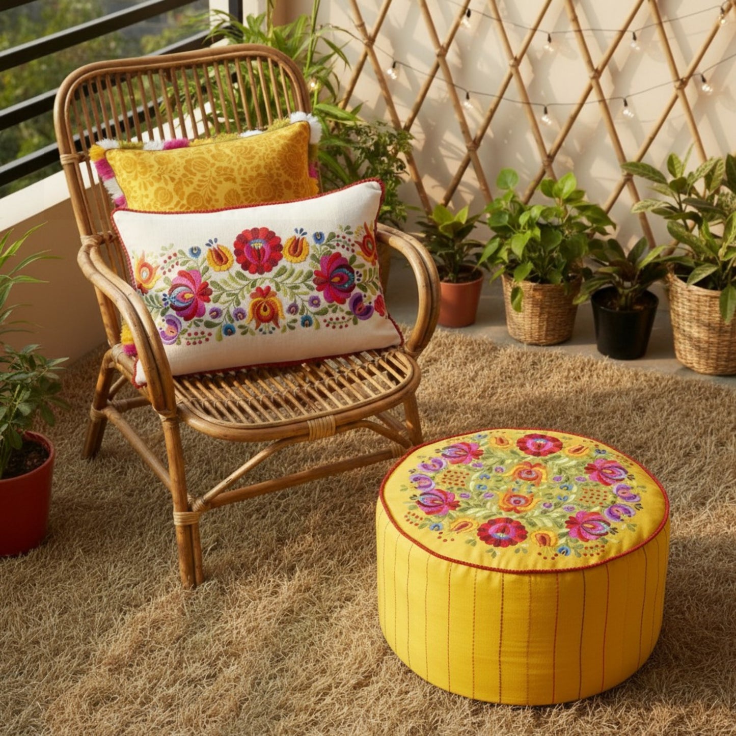 Matyo - Embroidered boho pouf cover, Yellow with multicolour rose embroidery ottoman cover - Vliving