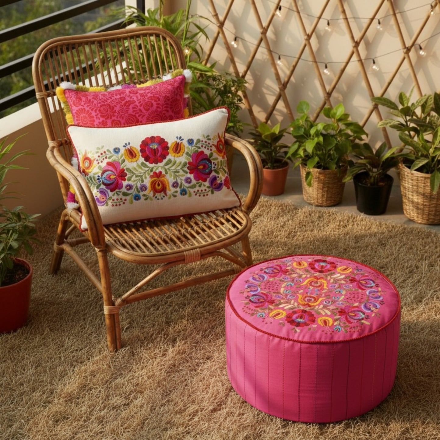 Matyo - Embroidered boho pouf cover, Hot pink with multicolour rose embroidery ottoman cover - Vliving