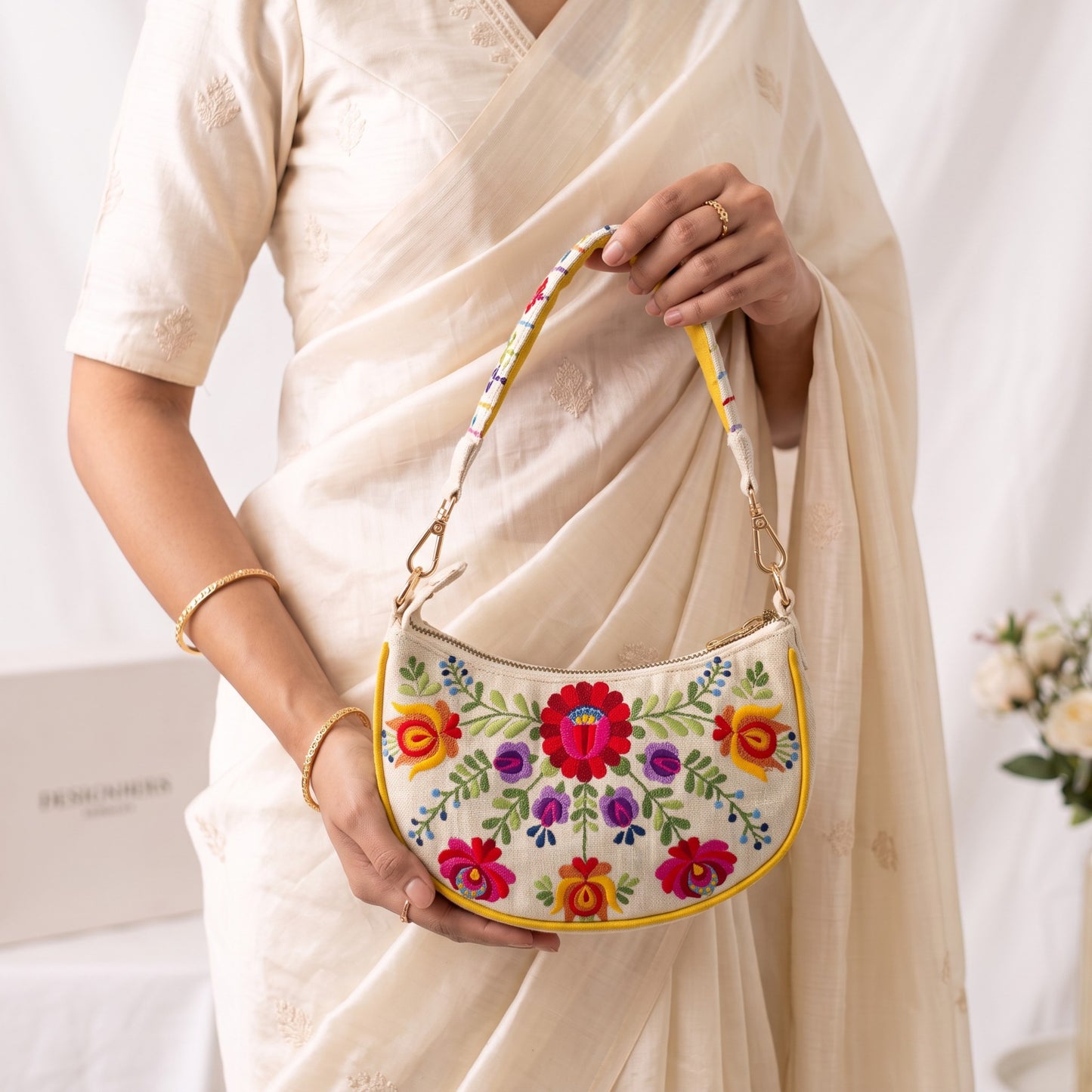 Matyo Crescent Half Moon Purse | Off White Slub Cotton | Multicolour Embroidery