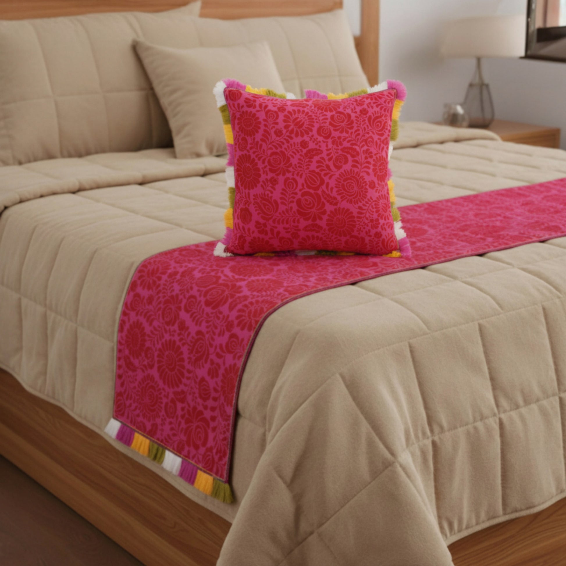 MATYO - Hot Pink Colour Bed Runner Set in Printed Cotton with Fringe - King / Queen / Twin Size - Vliving
