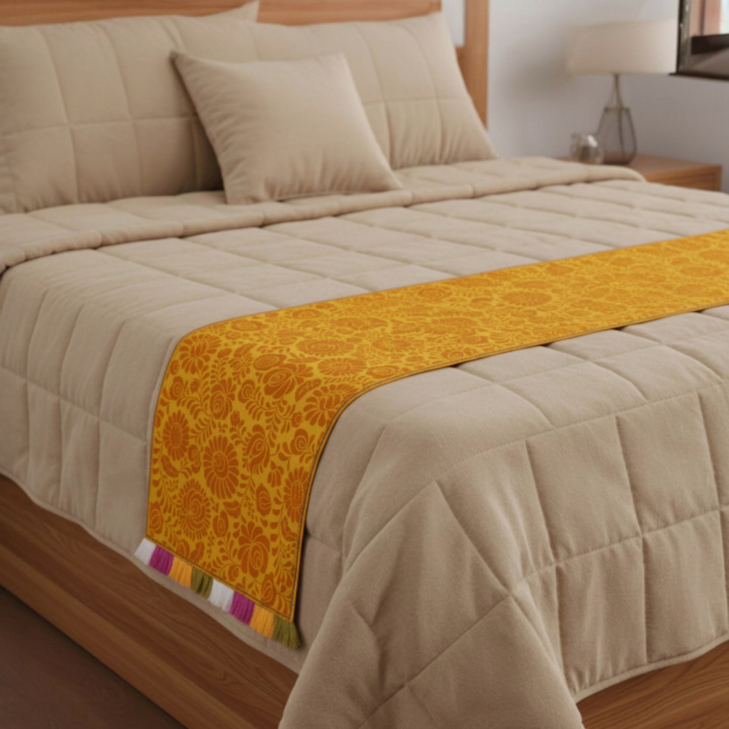 MATYO - Yellow Colour Bed Runner Set in Printed Cotton with Fringe - King / Queen / Twin Size - Vliving