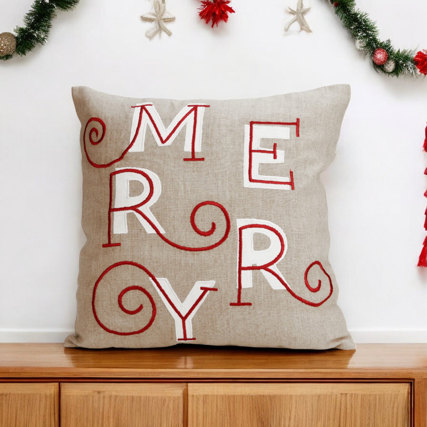 MERRY Christmas pillow cover, embroidered in modern retro style in red and white colour