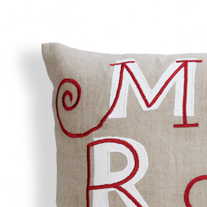 MERRY Christmas pillow cover, embroidered in modern retro style in red and white colour