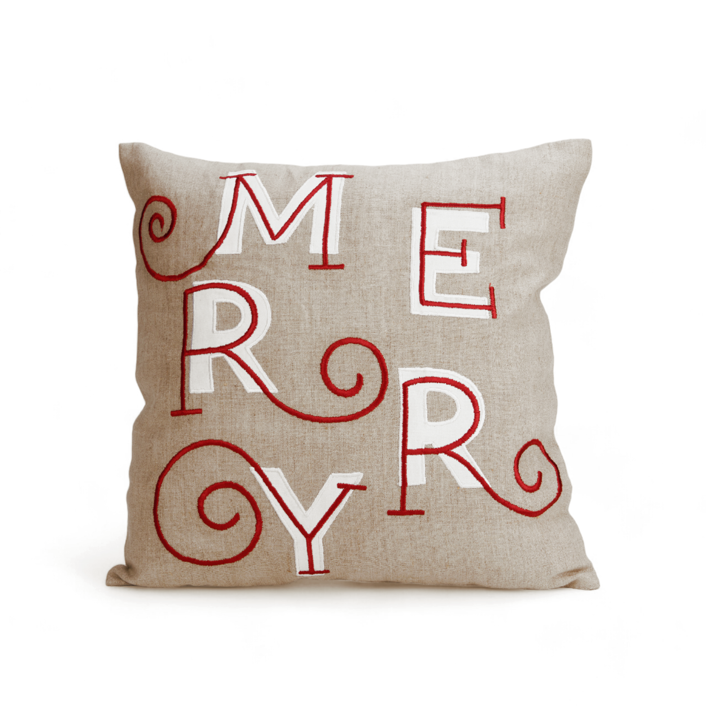 MERRY Christmas pillow cover, embroidered in modern retro style in red and white colour