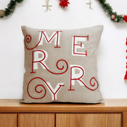 MERRY Christmas pillow cover, embroidered in modern retro style in red and white colour