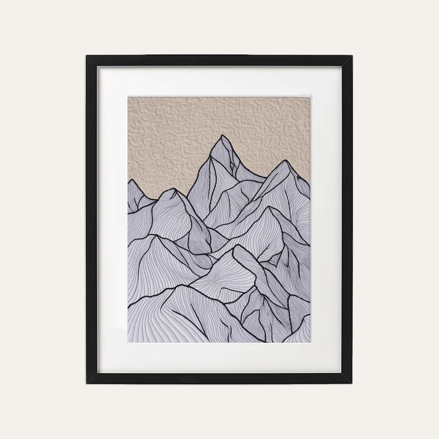 Quilted Textile WALL ART, Mountain pattern, black and white, 20X26 inches