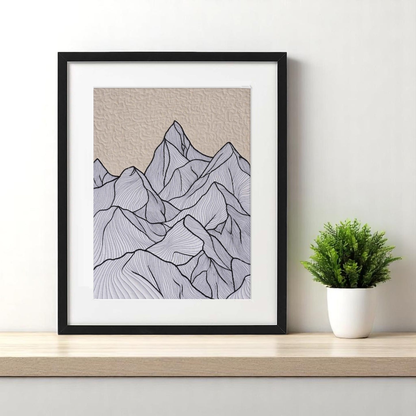 Quilted Textile WALL ART, Mountain pattern, black and white, 20X26 inches