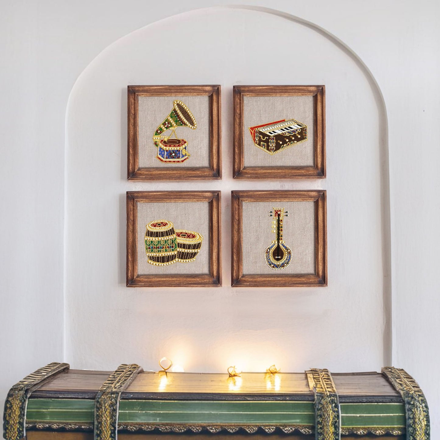 Harmonium Vintage Wall Art | Hand Embroidery & Appliqué on Linen | Hoop or Wooden Frame