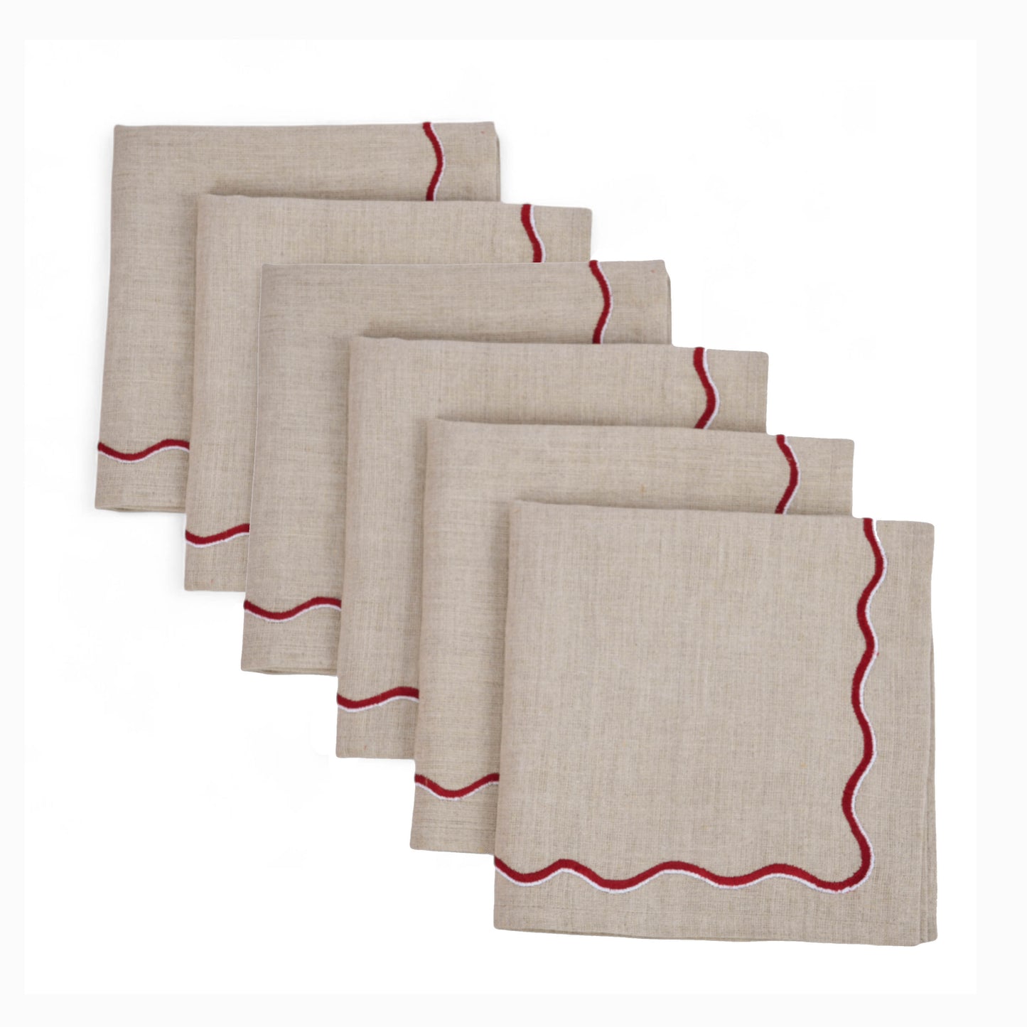 Christmas table napkins, Solid beige linen with red wave embroidery, set options available.