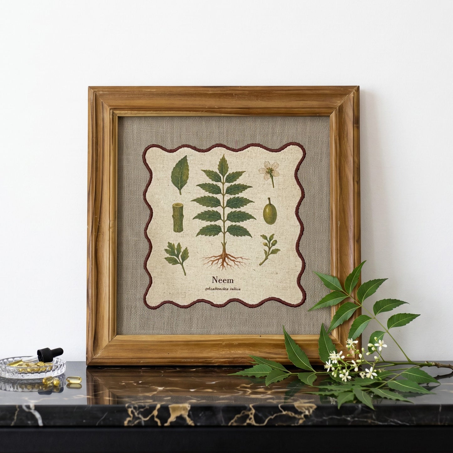 BOTANICAL HERB wall art, Neem motif with wooden frame, 12X12 inches