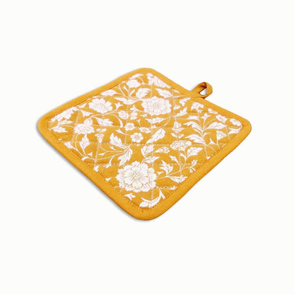 Kalamkari Mustard Yellow quilted oven mitt, quilted potholder, kitchen accessory, pure cotton, size 8X13 inches
