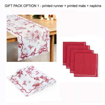 Christmas Table Linen GIFT PACK - in cotton with poinsettia print and wave embroidery