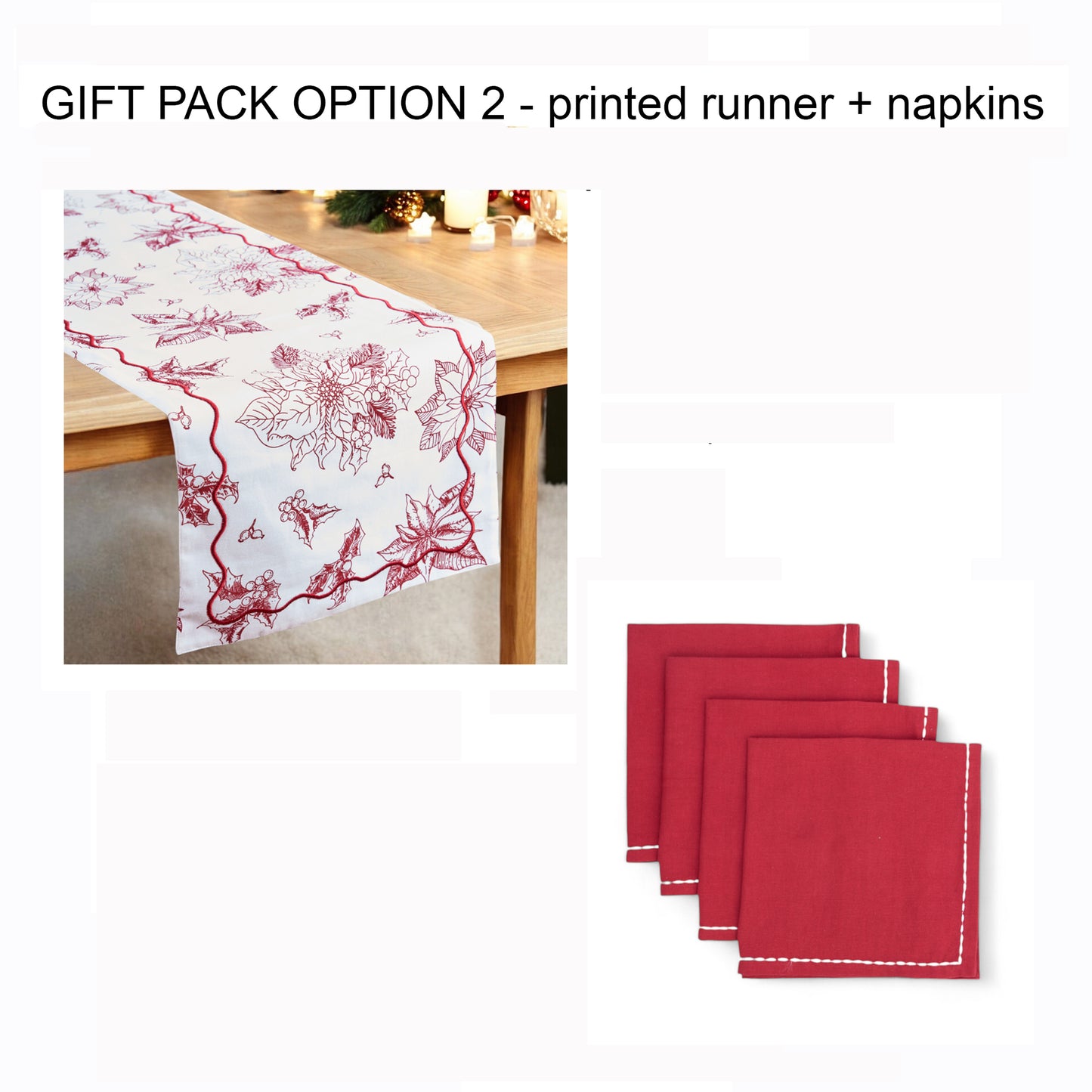 Christmas Table Linen GIFT PACK - in cotton with poinsettia print and wave embroidery