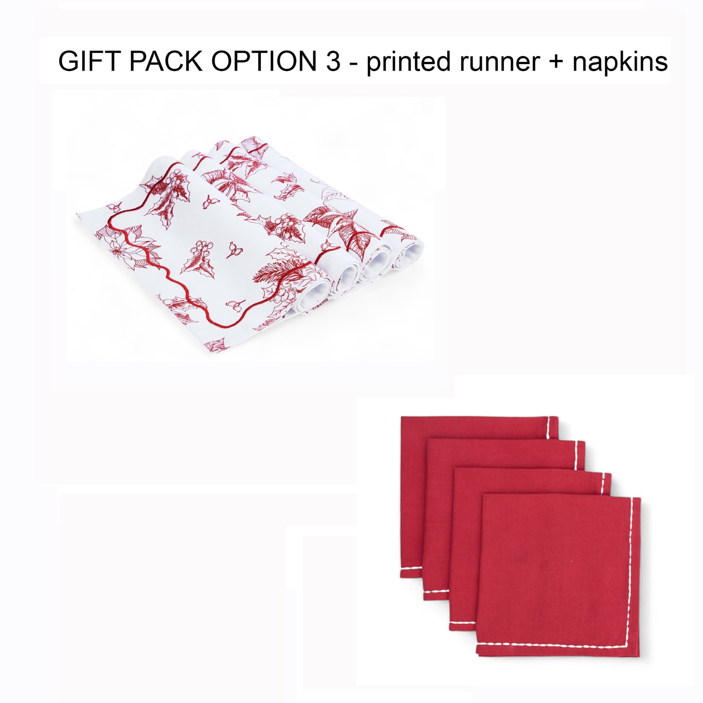 Christmas Table Linen GIFT PACK - in cotton with poinsettia print and wave embroidery