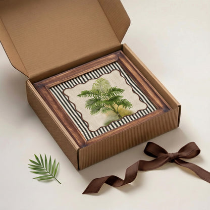 Palm 6 Botanical Wall Art – Framed Gift | Embroidered Linen, 12×12 inches