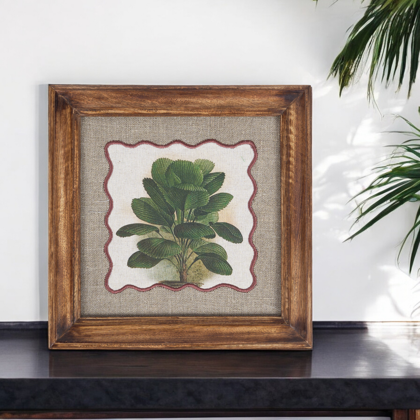 Palm 3 Botanical Wall Art – Framed Gift | Embroidered Linen, 12×12 inches