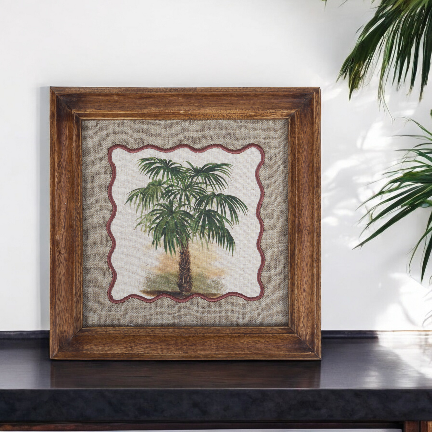 Palm 4 Botanical Wall Art – Framed Gift | Embroidered Linen, 12×12 inches