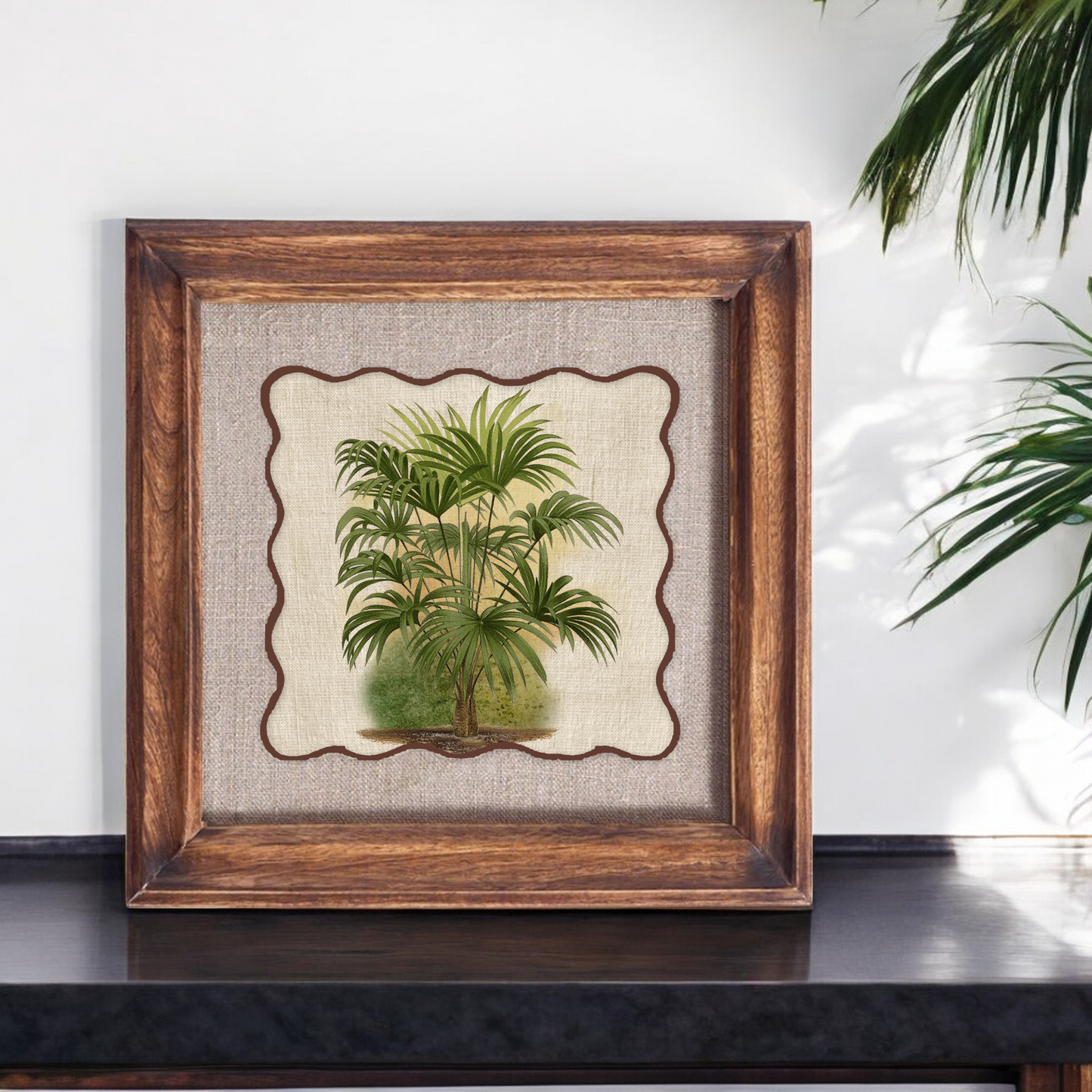 Palm 5 Botanical Wall Art – Framed Gift | Embroidered Linen, 12×12 inches