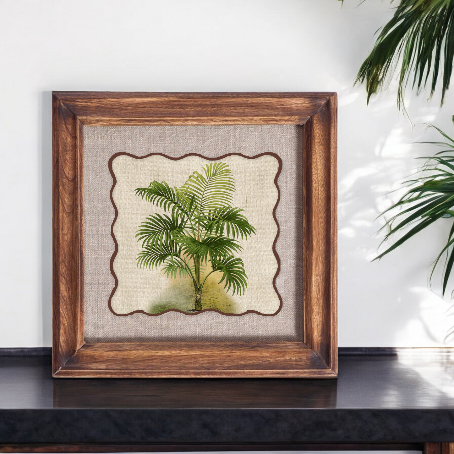Palm 6 Botanical Wall Art – Framed Gift | Embroidered Linen, 12×12 inches