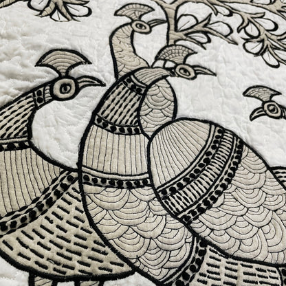 Quilted Textile WALL ART, Gondal art Peacocks, black and white and beige, 20X26 inches - Vliving