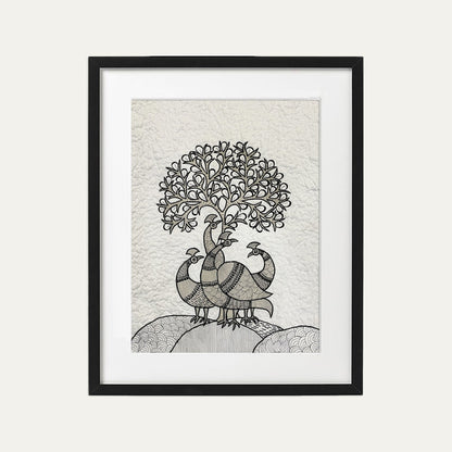 Quilted Textile WALL ART, Gondal art Peacocks, black and white and beige, 20X26 inches - Vliving