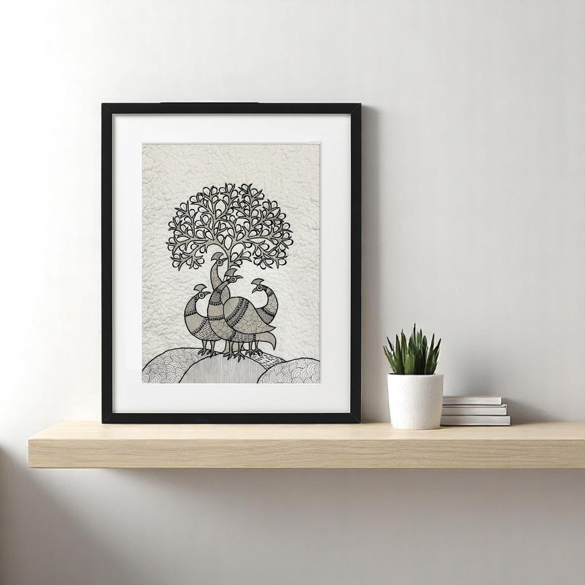 Quilted Textile WALL ART, Gondal art Peacocks, black and white and beige, 20X26 inches - Vliving