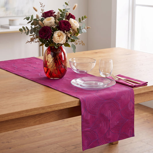 Kashidakaari Plum Table Runner | Modern Retro Geometric Embroidery | Cotton | 4 & 6 Seater