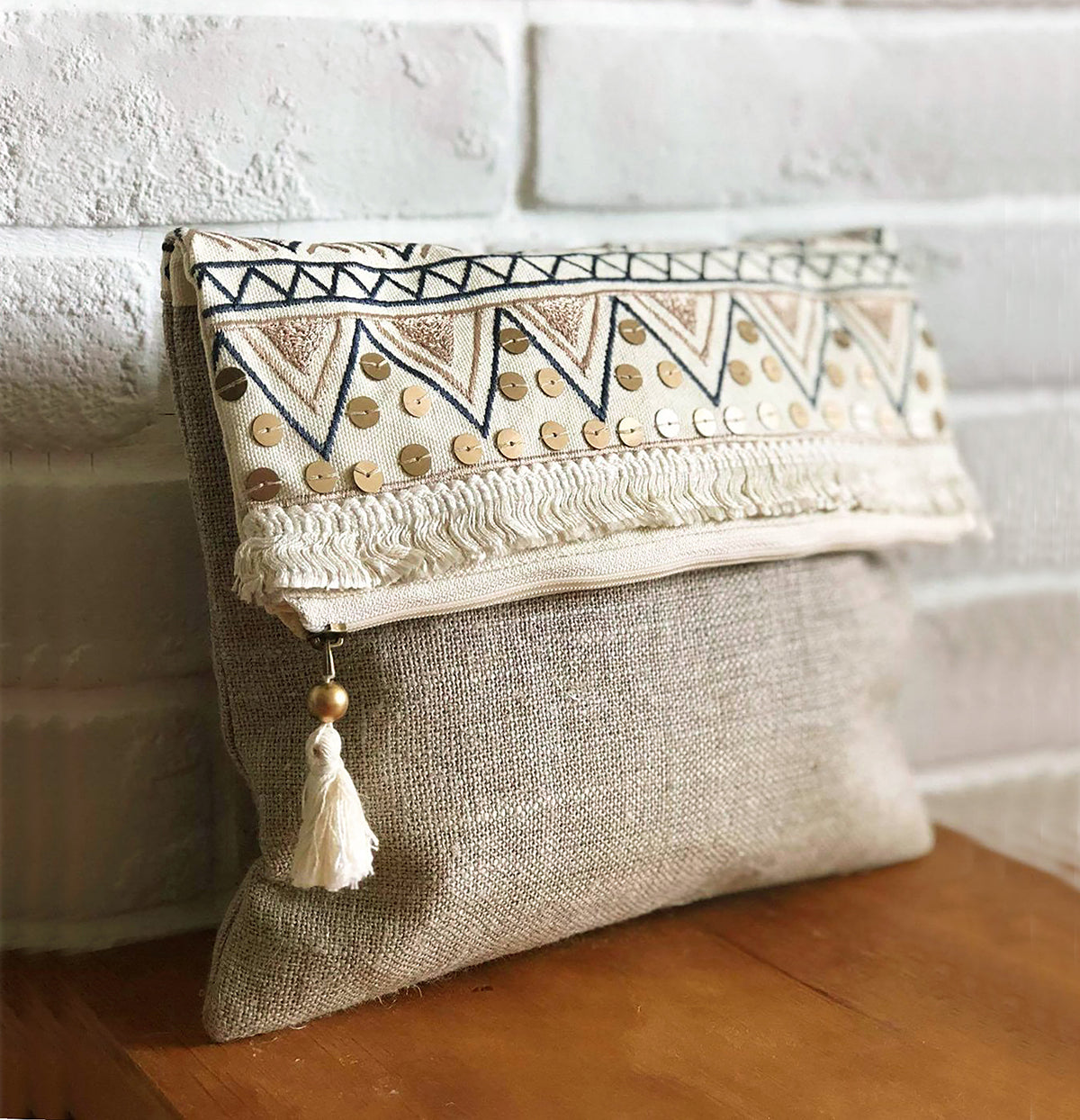 Boho pouch, moroccan, natural colour linen bag, foldover embroidered clutch