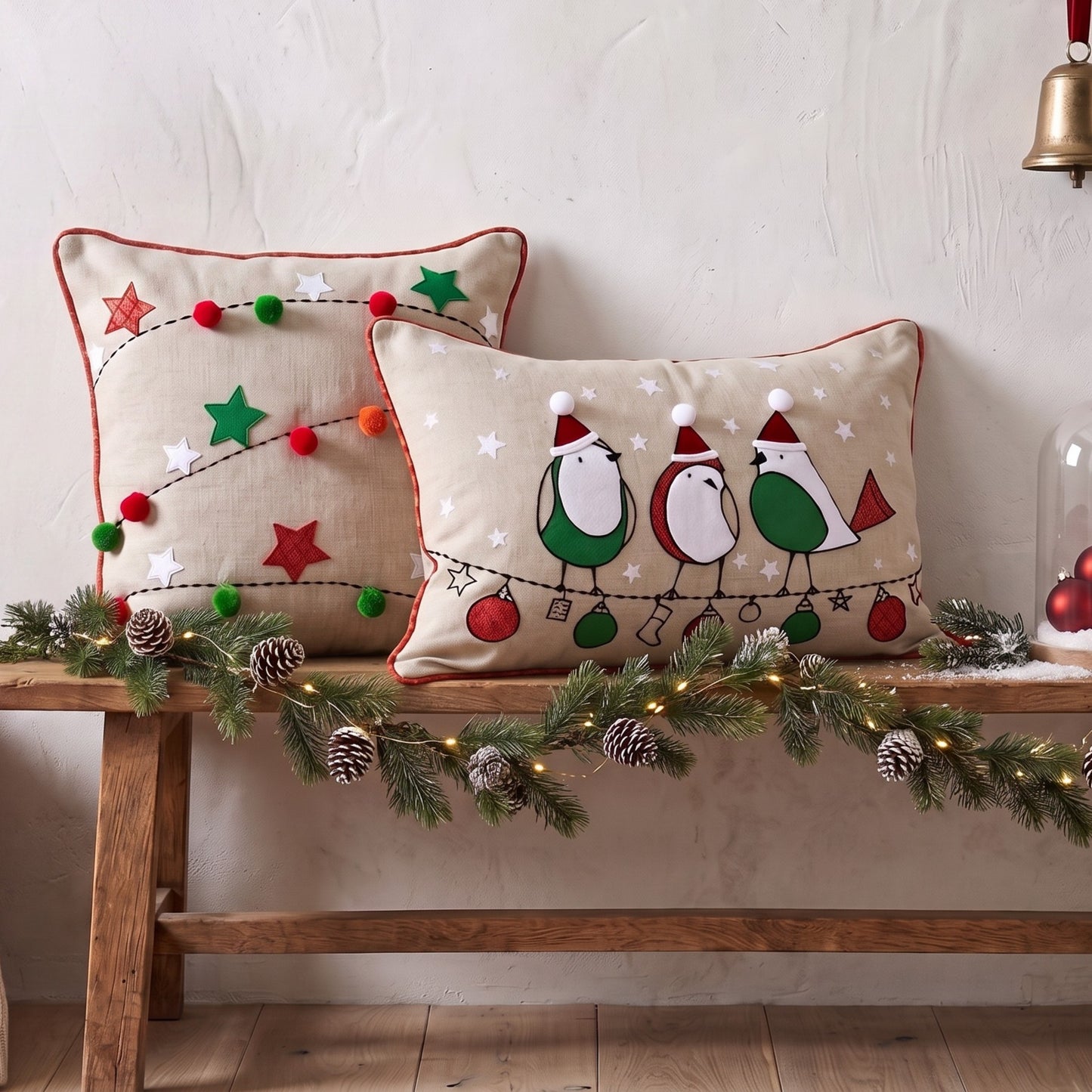 Christmas Linen Pillow Cover | Birds & Ornaments | Indian Brocade & Velvet Appliqué | 14×21"