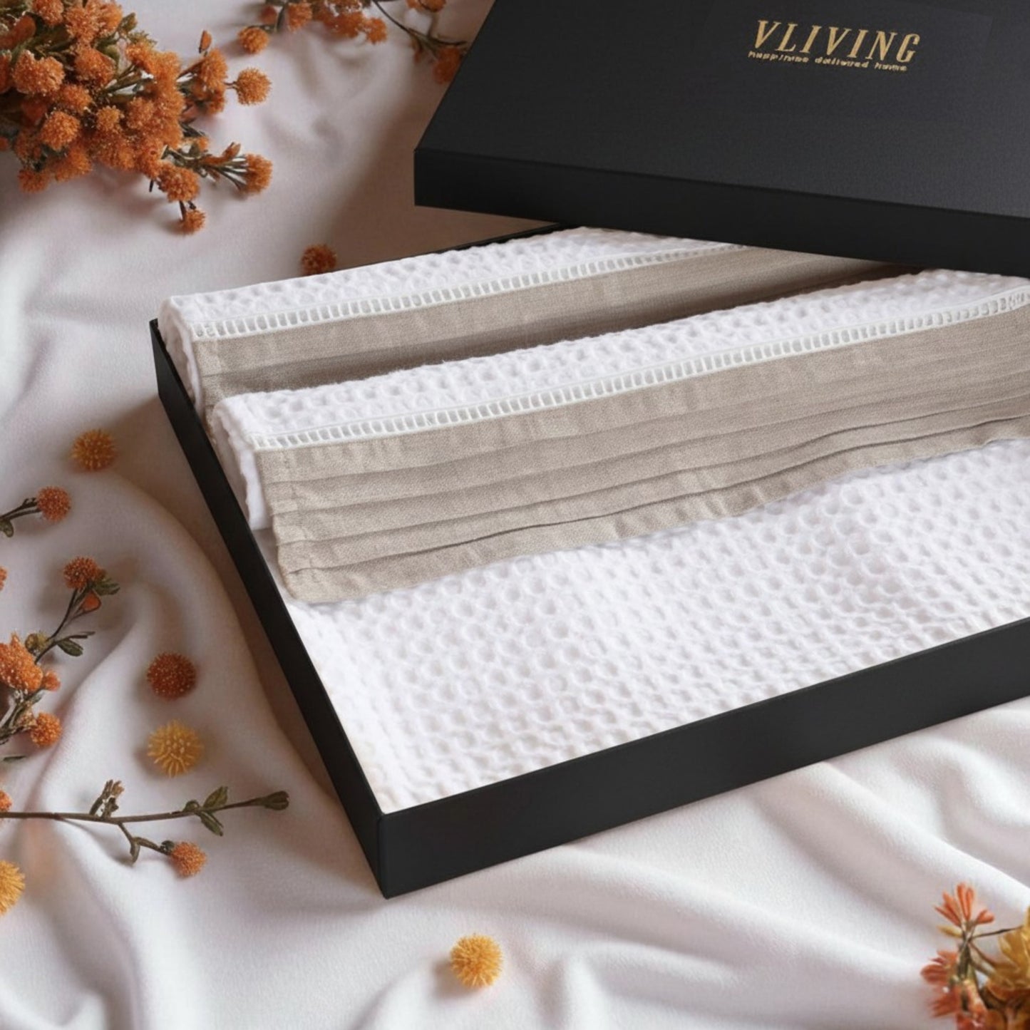 GIFT PACK - Luxury Organic Cotton Waffle Towel Set – 3 Piece | Pintuck Linen & Lace Trims - Vliving