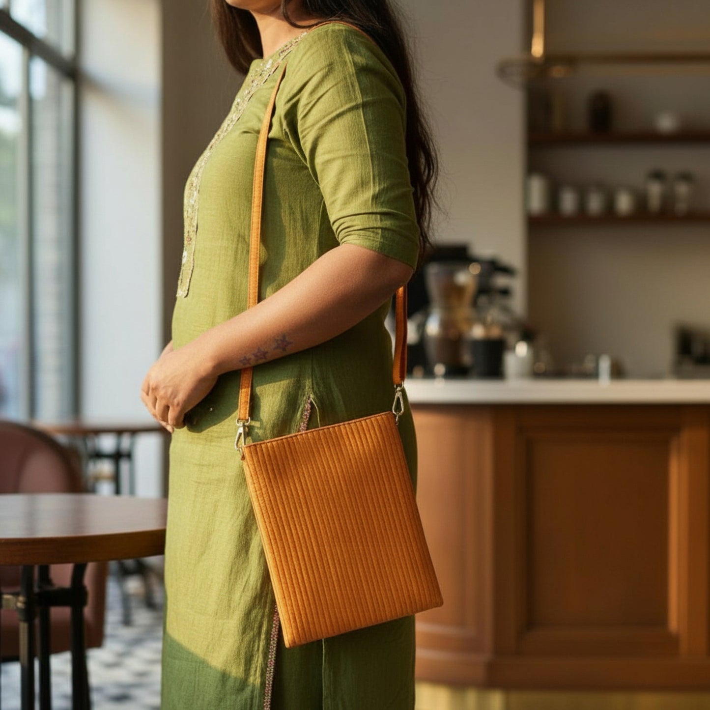 Faux Silk Tangerine Sling Bag - Quilted, Stripe Pattern – 8x10 Inches | Faux Silk Strap