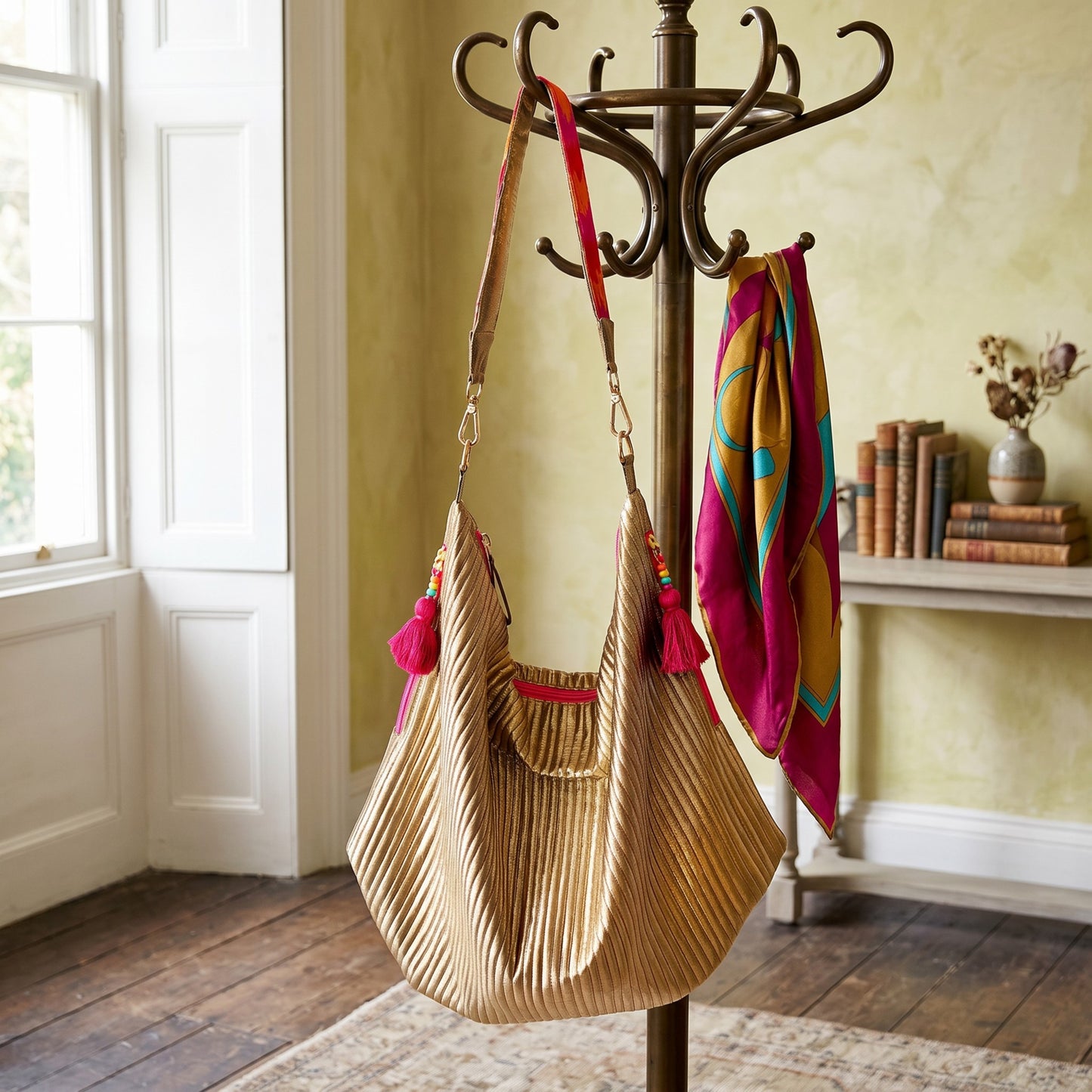 Faux Silk quilted HOBO Bag, Metallic Gold, hand embroidered handle, Gift for her