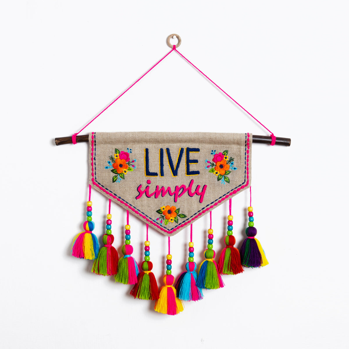 Quotation Wall art - embroidered triangular linen wall art with multicolour tassels
