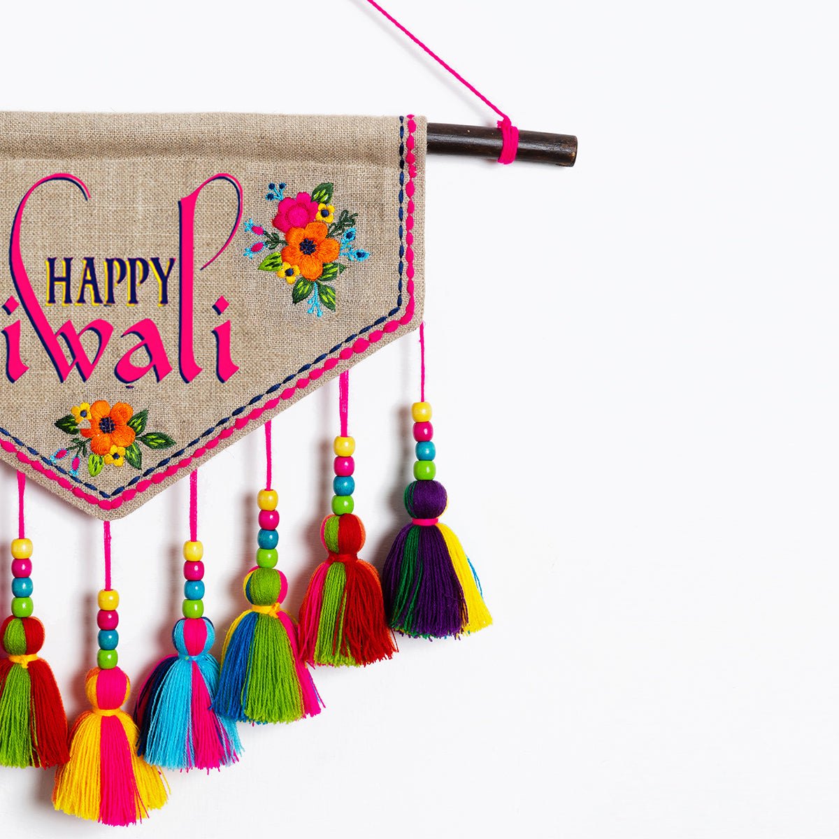 HAPPY DIWALI Wall art - embroidered triangular linen wall art with multicolour tassels