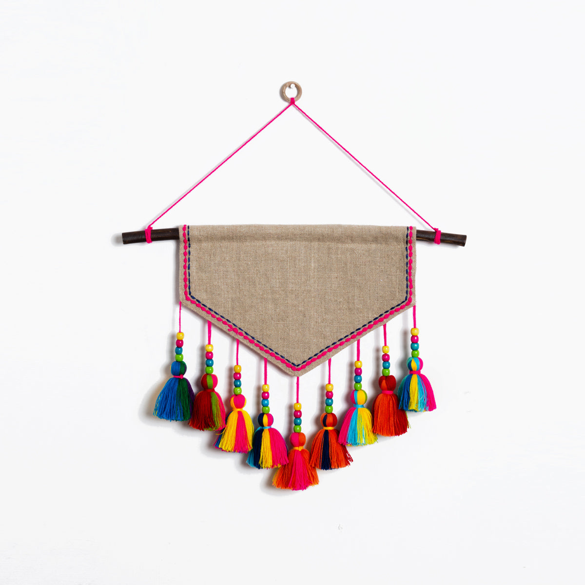Quotation Wall art - embroidered triangular linen wall art with multicolour tassels