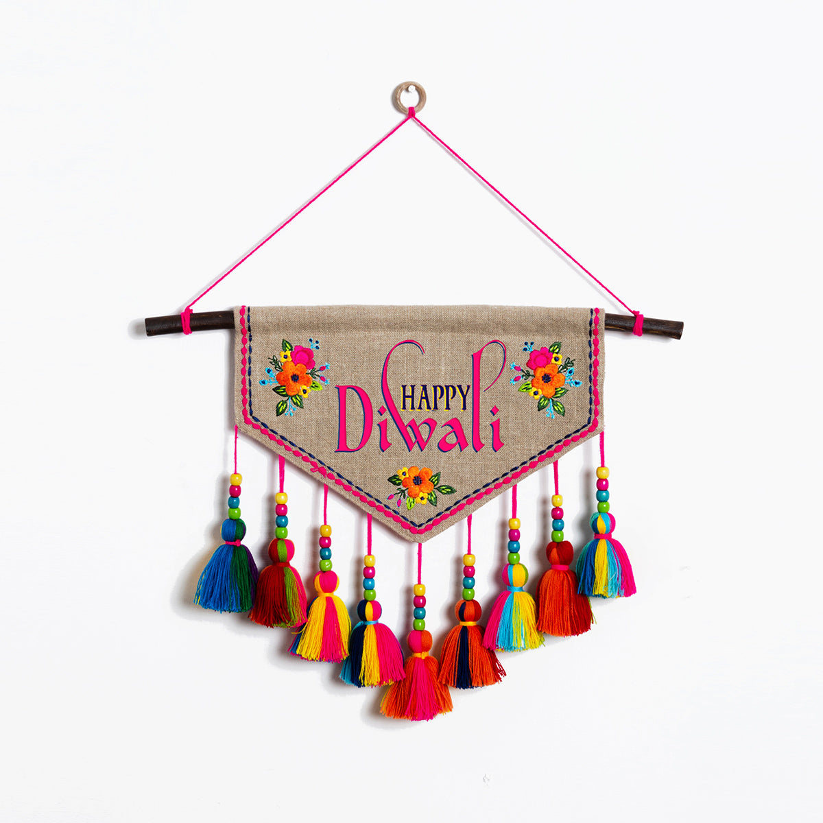 HAPPY DIWALI Wall art - embroidered triangular linen wall art with multicolour tassels