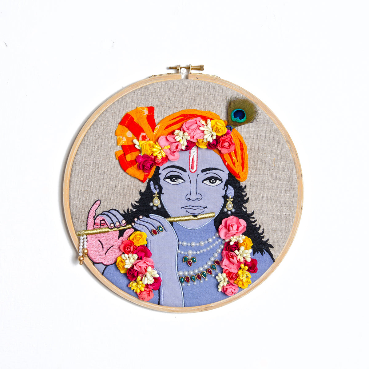 KRISHNA WALL ART - on Embroidery Hoop or wooden frame, linen with bright colours