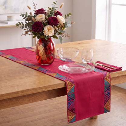 Kashidakaari Coral Red Table Runner | Geometric Border Embroidery | Cotton | 4 & 6 Seater